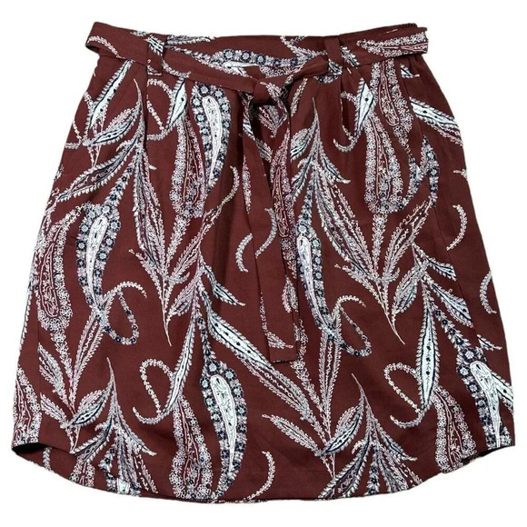 Loft Brown Bohemian Floral Paisley Skirt Size XS Tie Front Elastic Waist Pockets - Picture 1 of 8